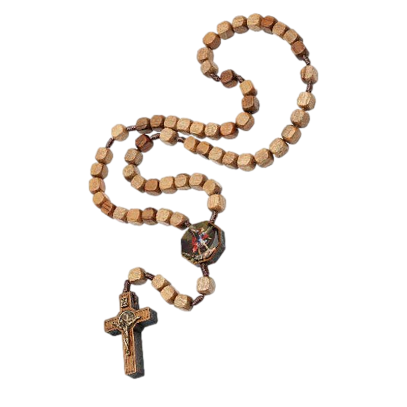 St. Michael Light Wood Rosary with square beads