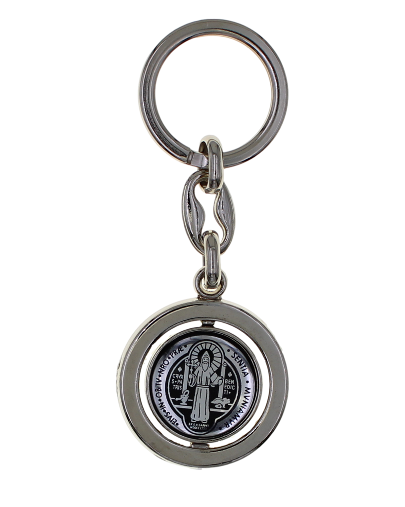 Silver Tone Foil Spinning Saint Benedict Key Chain