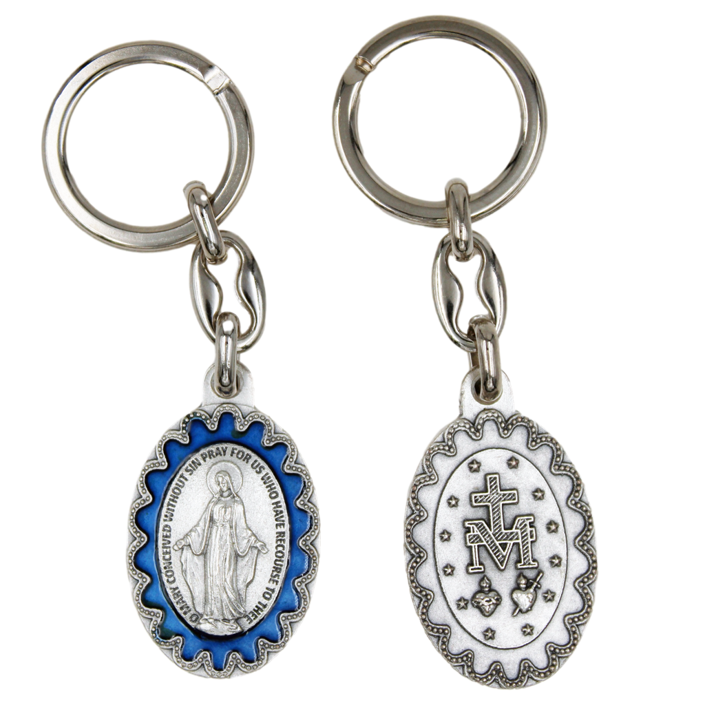 Miraculous Mary Embellished Oval Blue Enamel Key Chain
