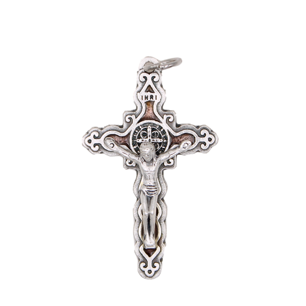 Intricate Modern St. Benedict Crucifix - Silver Tone - Brown Enamel