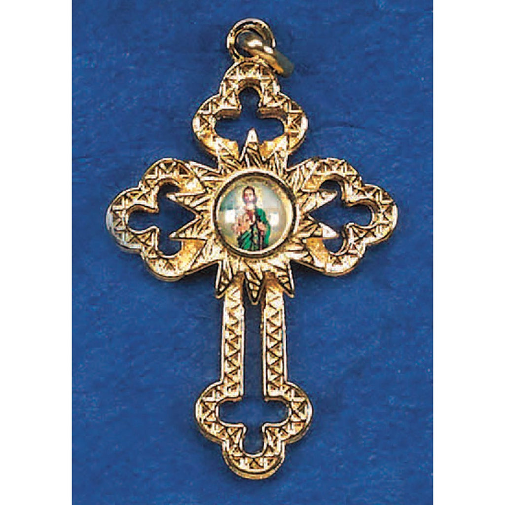 Gold Tone Cut Out Relic Cross with St Jude Center