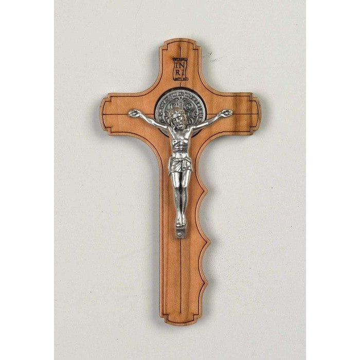 Saint Benedict Olive Wood Palm Cross - Silver Tone Medal