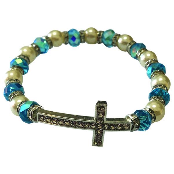 8mm Light Blue and White Stretch Bracelet with Crystal Cross