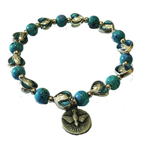 Turquoise Enamel Heart Shaped Stretch Bracelet with Silver Tone Holy Spirit Medal