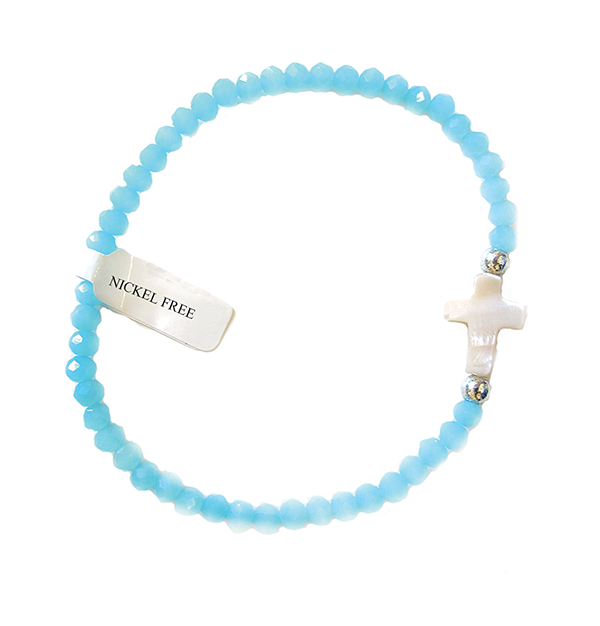 Light Blue Crystal Bracelet with Mother of Pearl Cross in Unique Clear Box