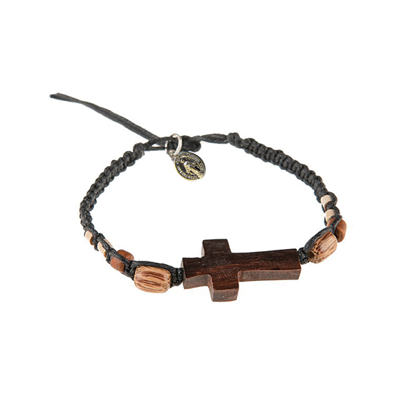 Black Men's Braided Bracelet with Wooden Cross and Miraculous Medal