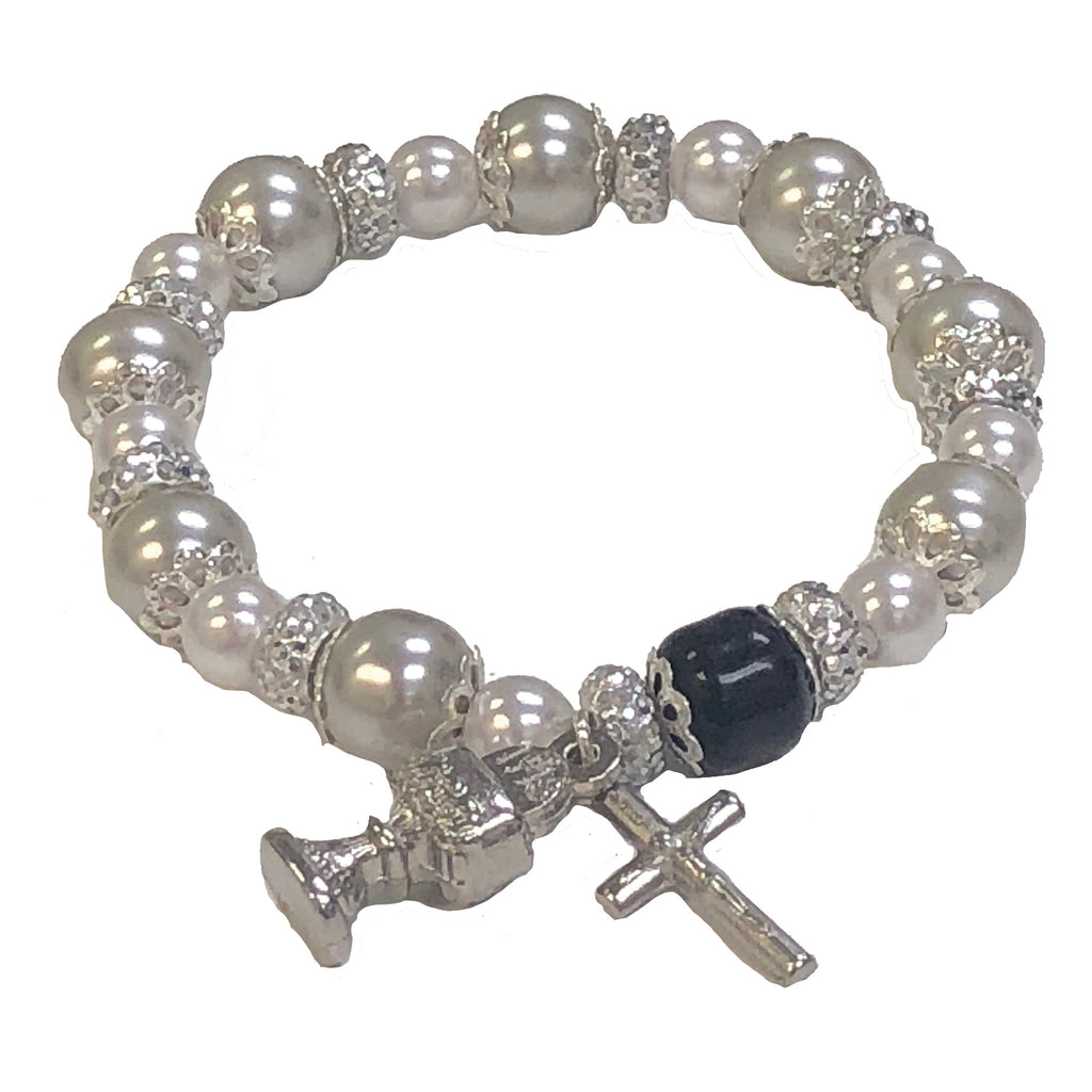 Imitation Pearl Stretch Bracelet With Chalice & Cross