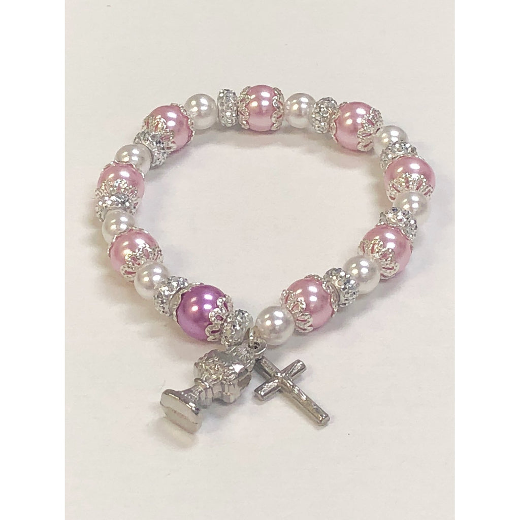Pink and White Imitation Pearl Communion Stretch Bracelet