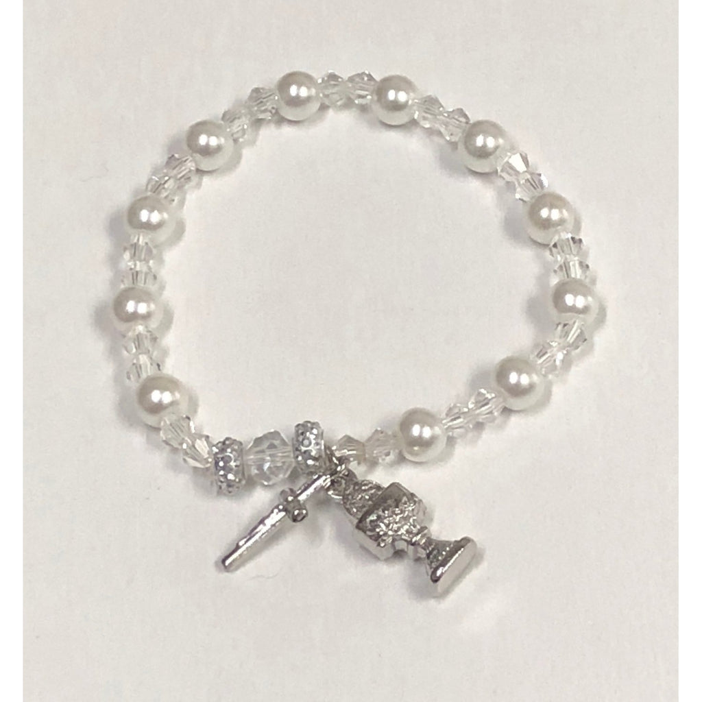 Imitation Pearl Stretch Bracelet With Chalice And Cross