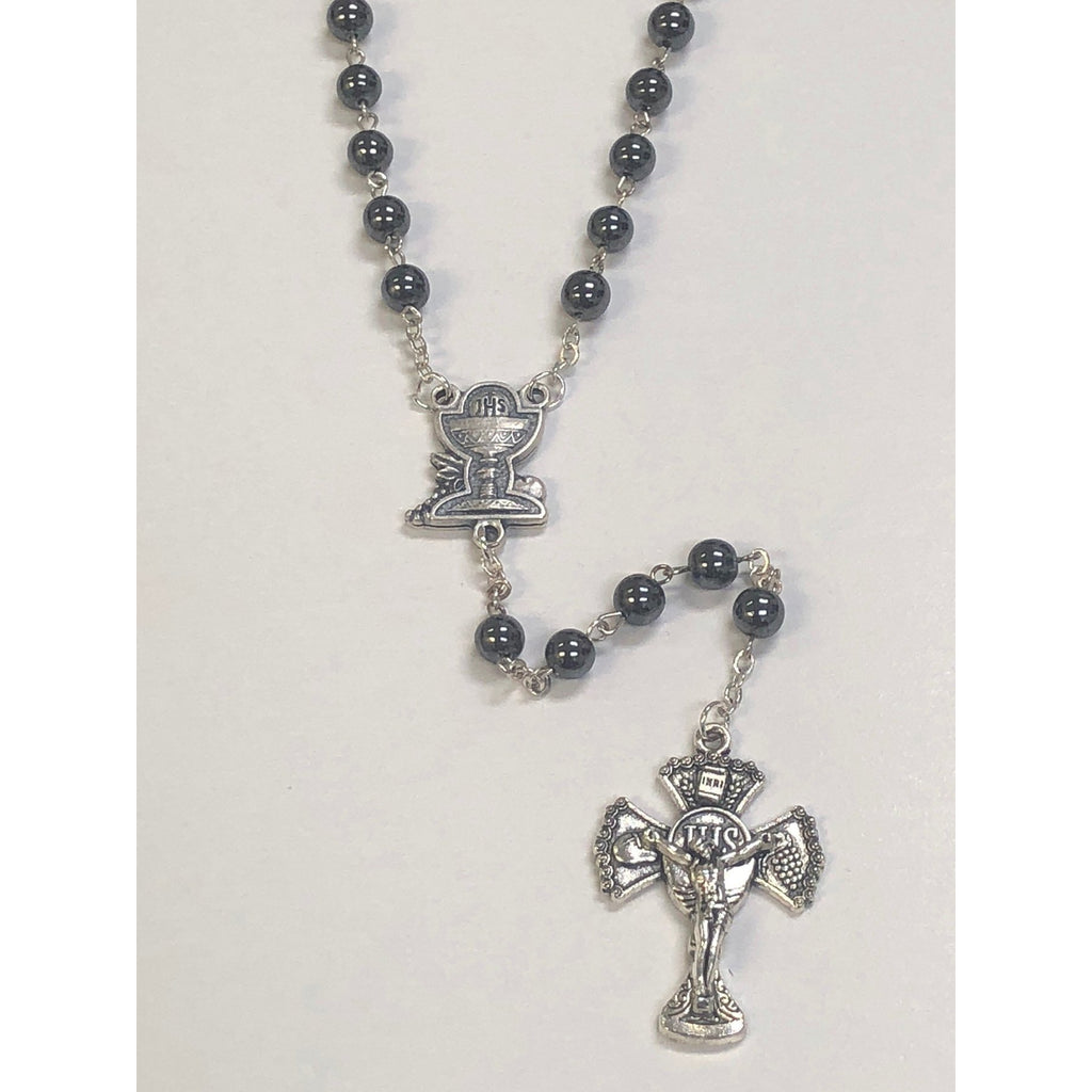 6mm First Communion Black Hematite Rosary With Silver Toned Chalice Center