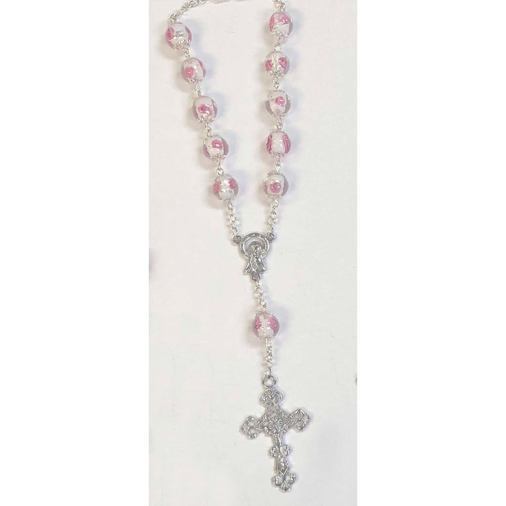 White Auto Rosary with 10 mm Crystal Beads and Rose Petal Painted on Each Bead