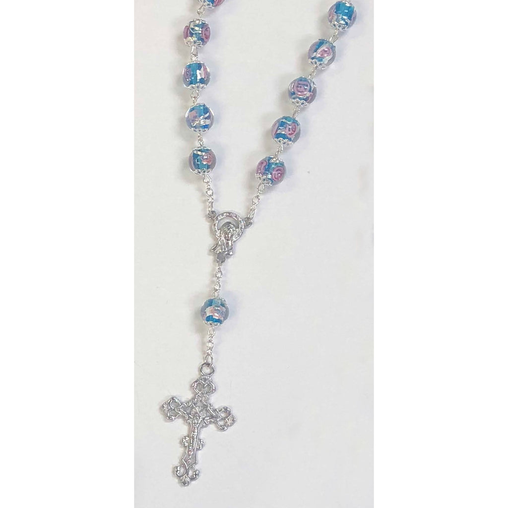 Light Blue Auto Rosary with 10 mm Crystal Beads and Rose Petal Painted on Each Bead