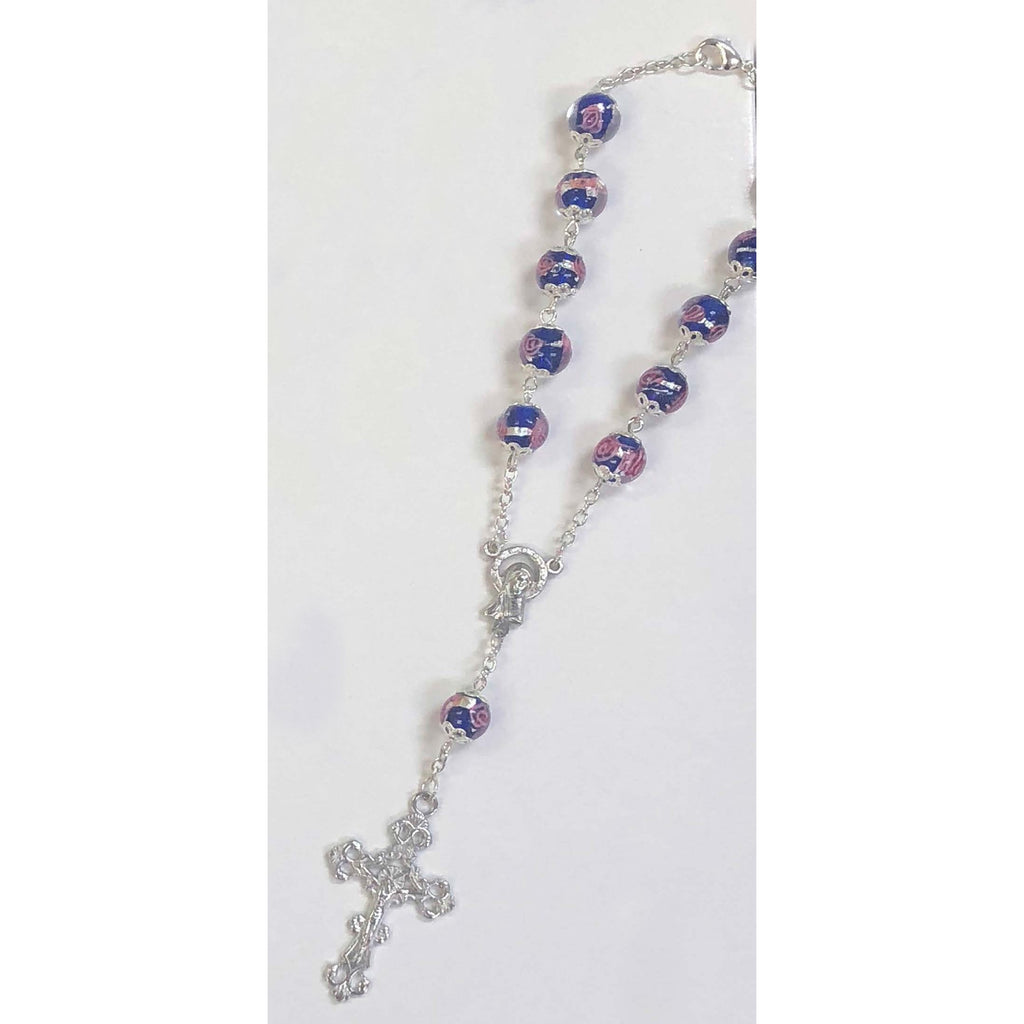 Dark Blue Auto Rosary with 10 mm Crystal Beads and Rose Petal Painted on Each Bead