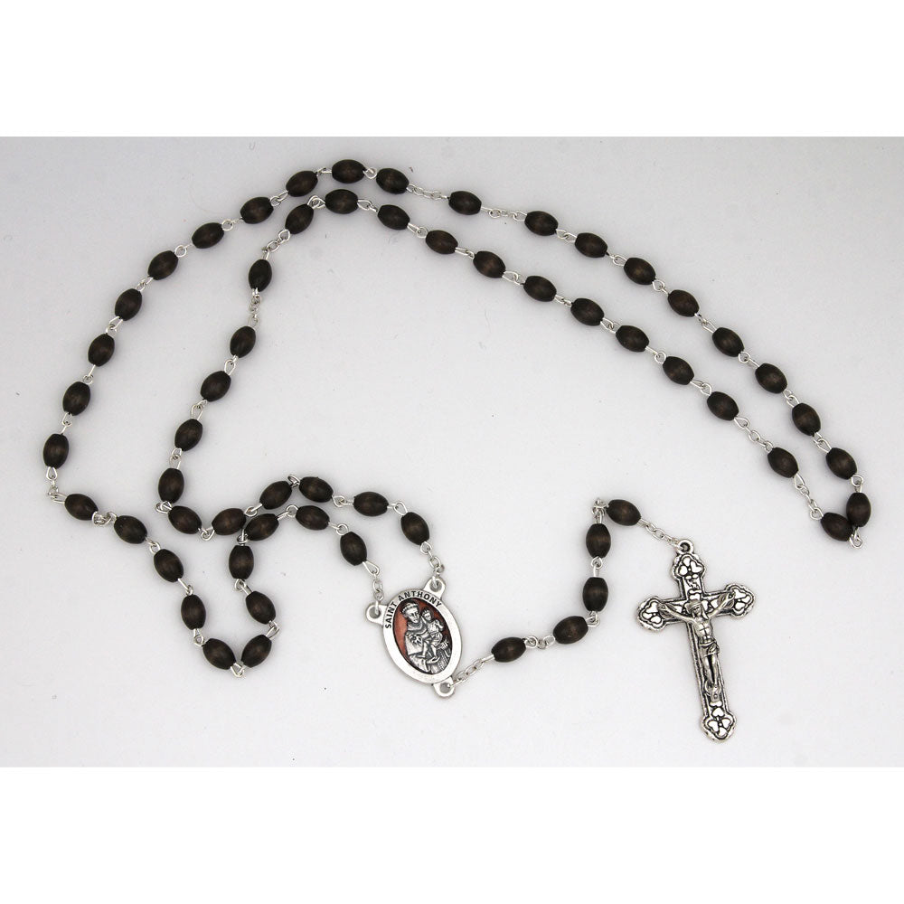 St. Anthony center and crucifix - 7mm oval beads - brown wood - silver-tone enameled