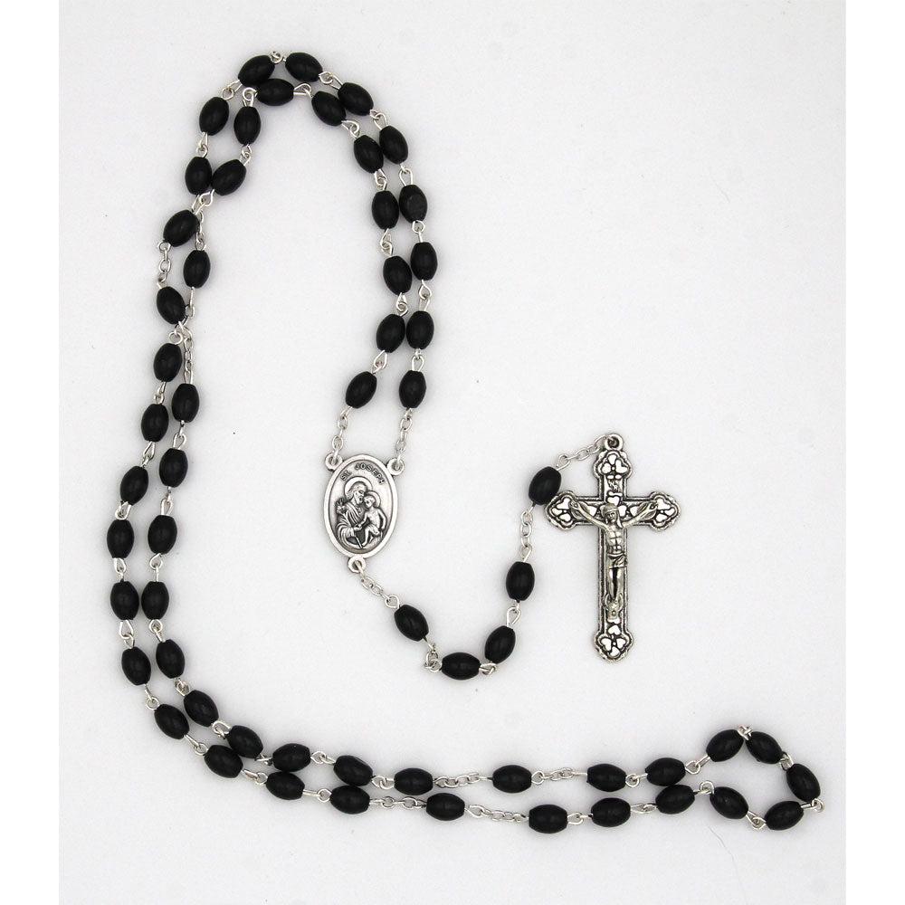 St. Joseph center and decorative crucifix rosary - black wood - silver-tone