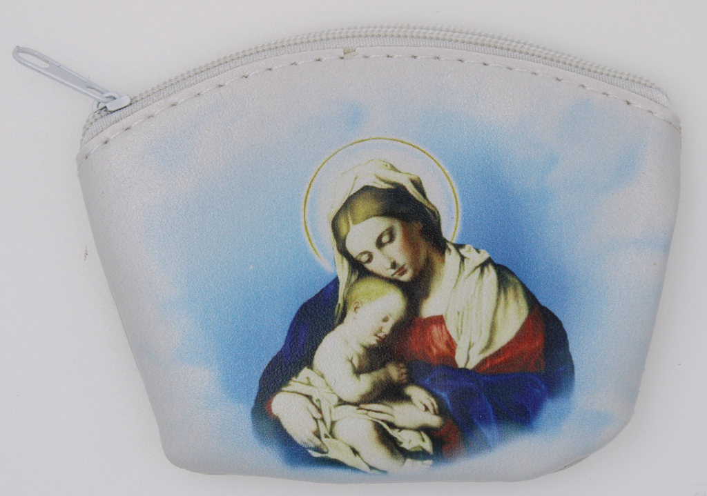 White Zipper Rosary Pouch with Mother and Child Image