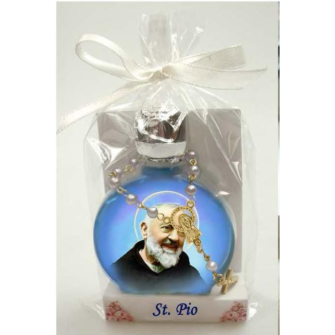 Saint Pio Stained Glass Bottle with Decade Rosary Combo