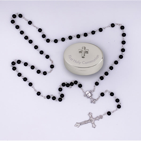 3 X 1-3/4 Inch Quality Silver Tone First Communion Rosary Box Imitation Onyx Communion Rosary - Boy