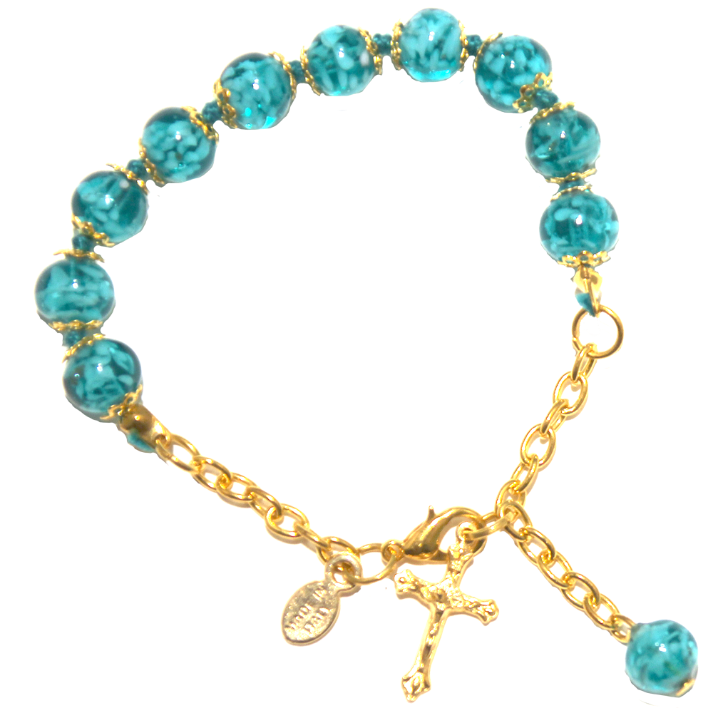 Marine Blue Genuine Murano Gold Tone Rosary Bracelet with Handknotted Sommerso Beads & Crucifix