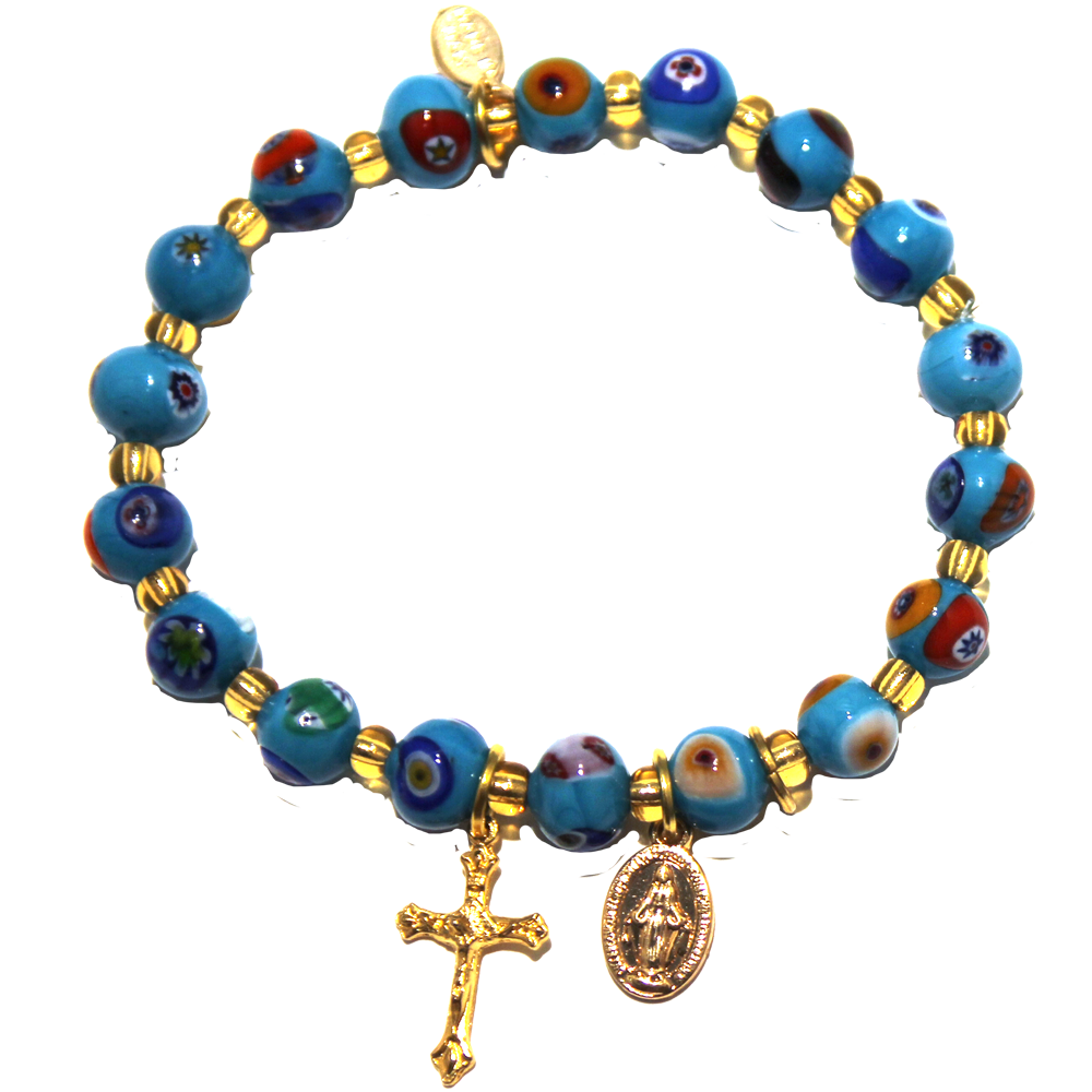 Turquoise Genuine Murano Gold Tone Stretch Bracelet with Millefiori Beads, Miraculous Medal and Crucifix