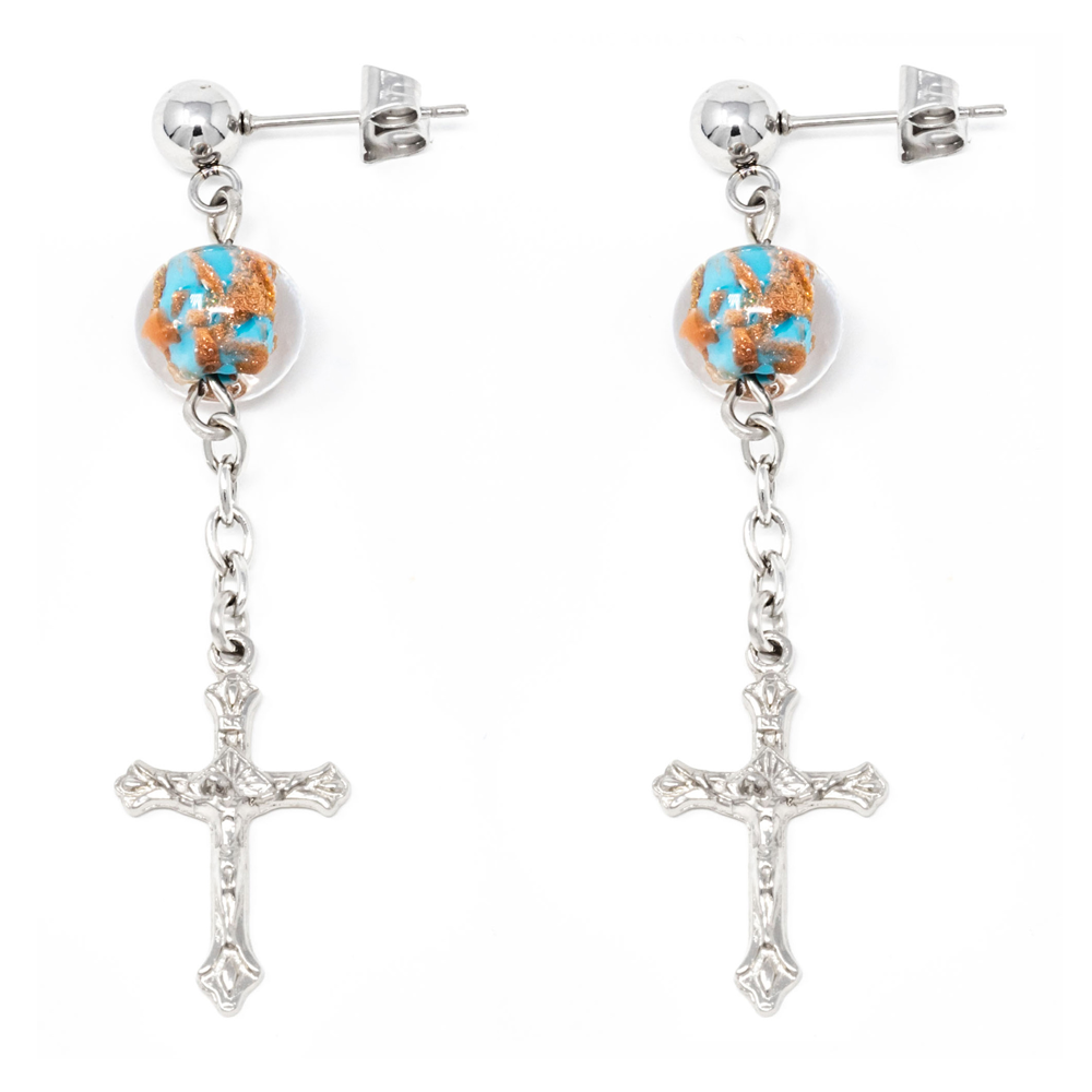 Stainless Steel Crucifix Earrings with Turquoise Murano Beads