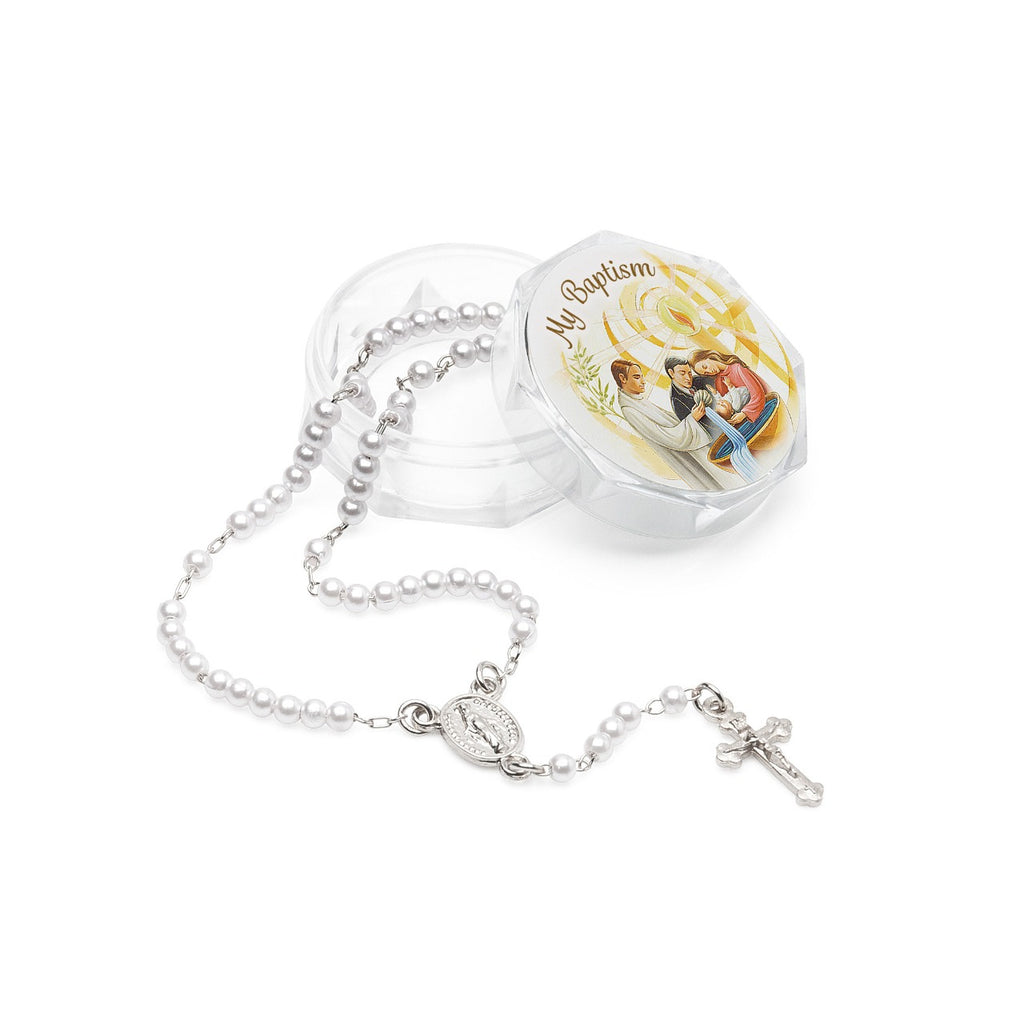 White Baptism Rosary with silver-tone components in acrylic box
