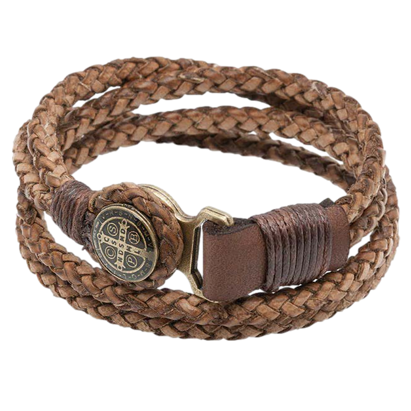 Men's Brown St. Benedict Leather Cord Bracelet