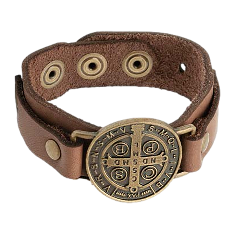 Men's Brown with Gold Medal St. Benedict Leather Bracelet