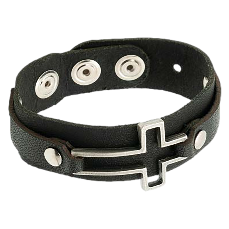 Men's Black Leather Bracelet with Cross