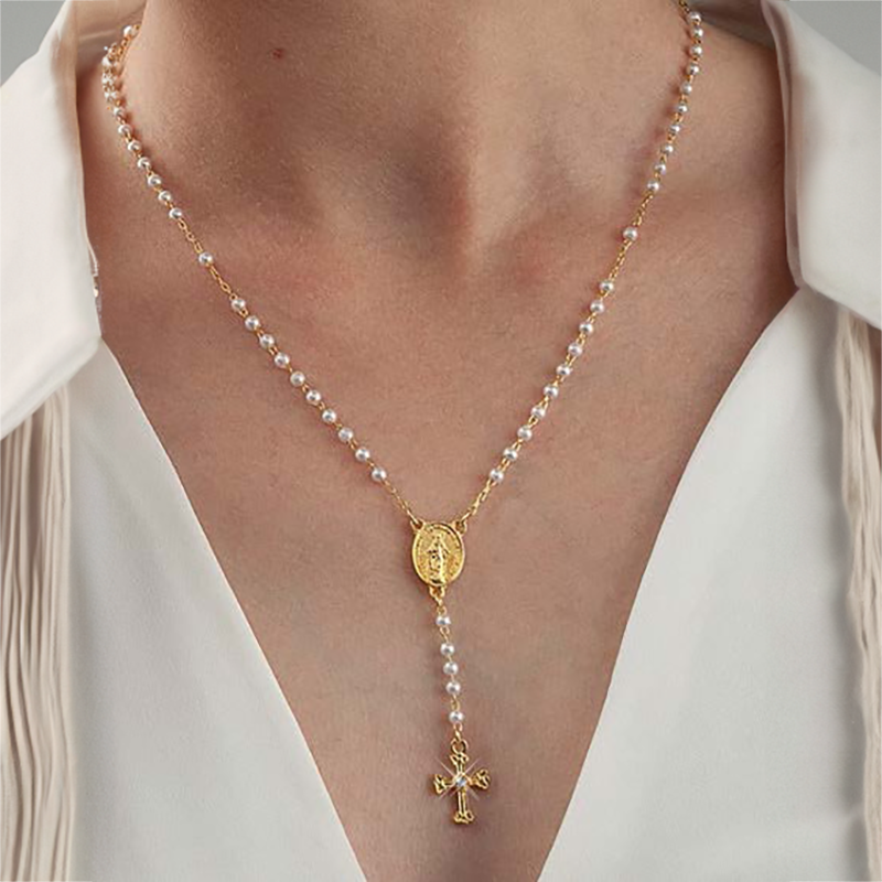 Pearl and Gold Miraculous Medal Necklace