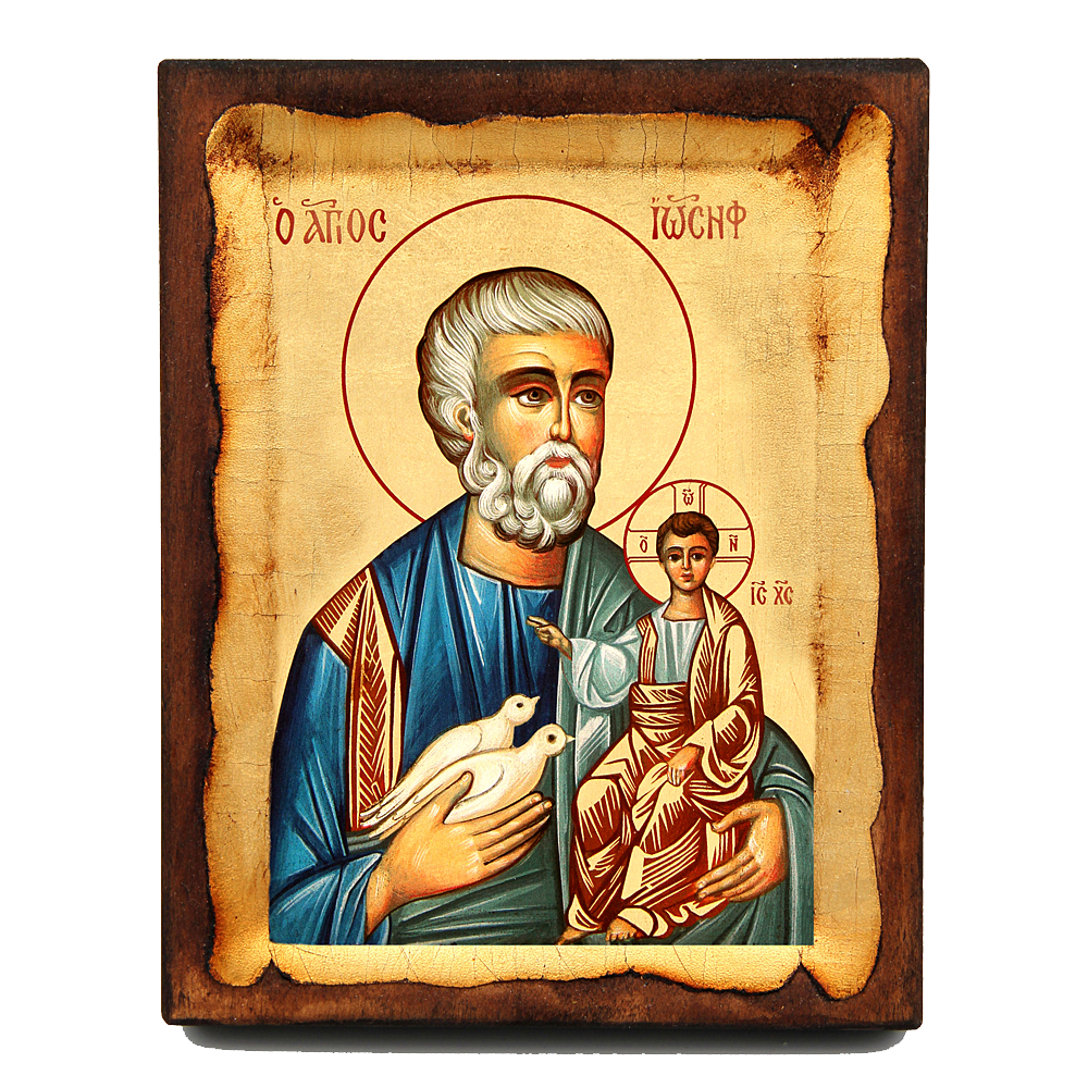 Hand Painted St Joseph Icon with Dark Brown Scroll Frame - STOCK ITEM