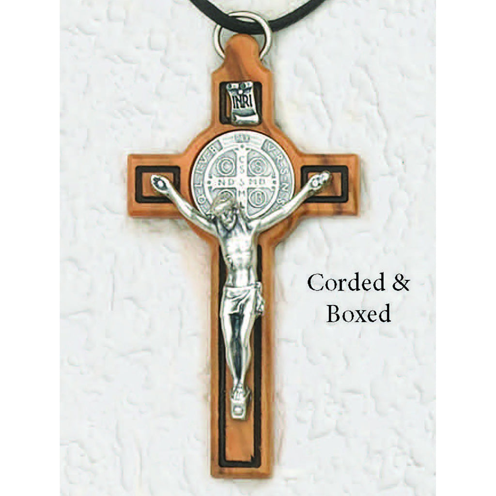 Saint Benedict Classic Carved Wood Cross - Silver Tone Medal