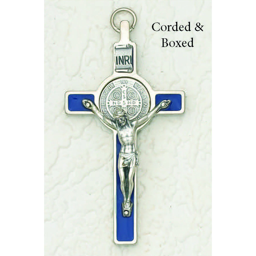 Saint Benedict Blue Enamel Crucifix - Silver Tone Medal