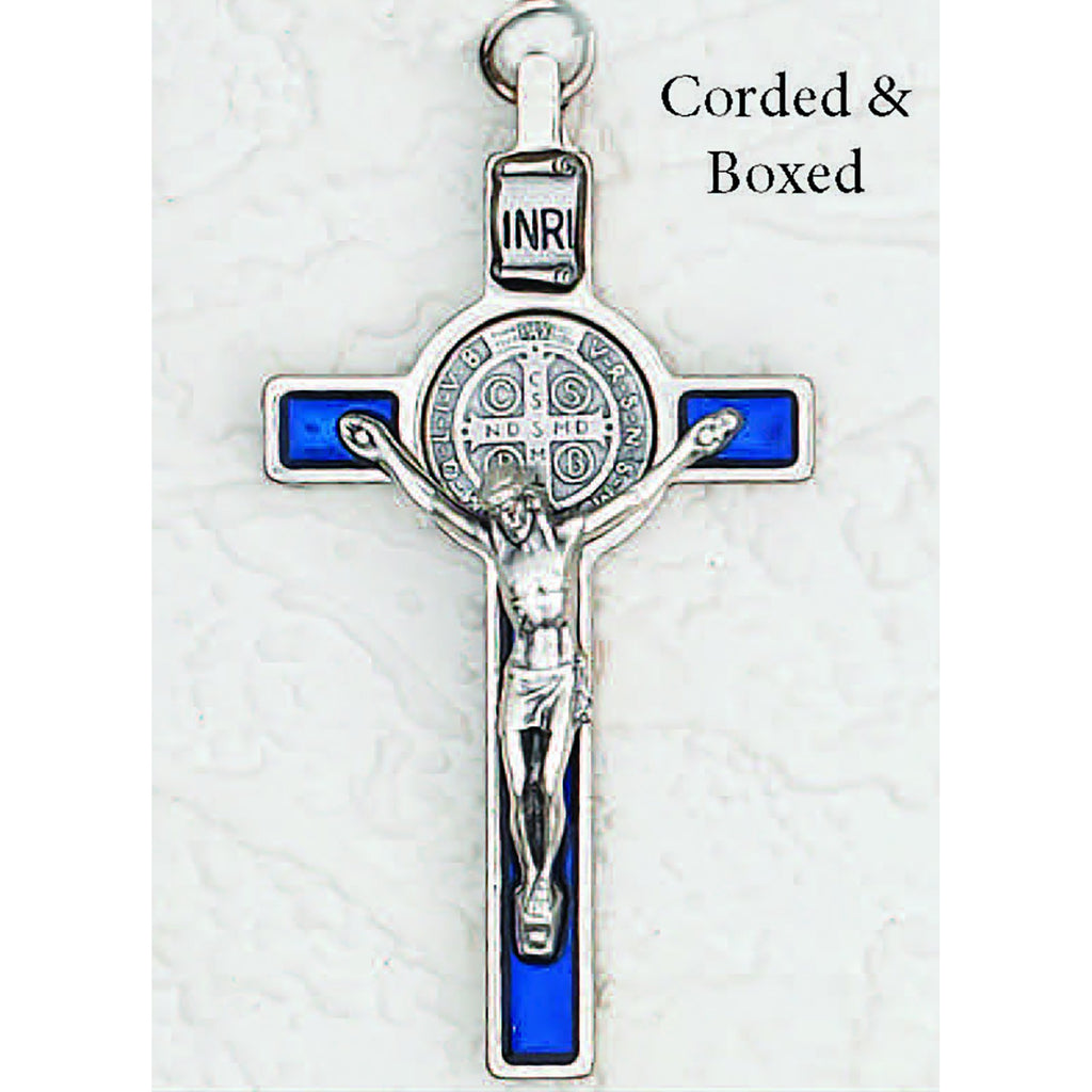 Saint Benedict Blue Pearl Enamel Crucifix - Silver Tone Medal