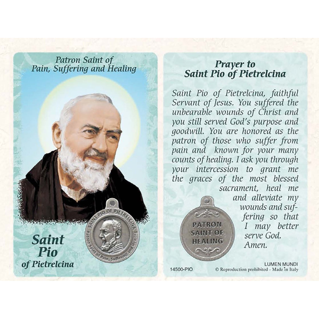 St. Pio Prayer Card with Medal - Healing Saint for Pain, Suffering & Healing