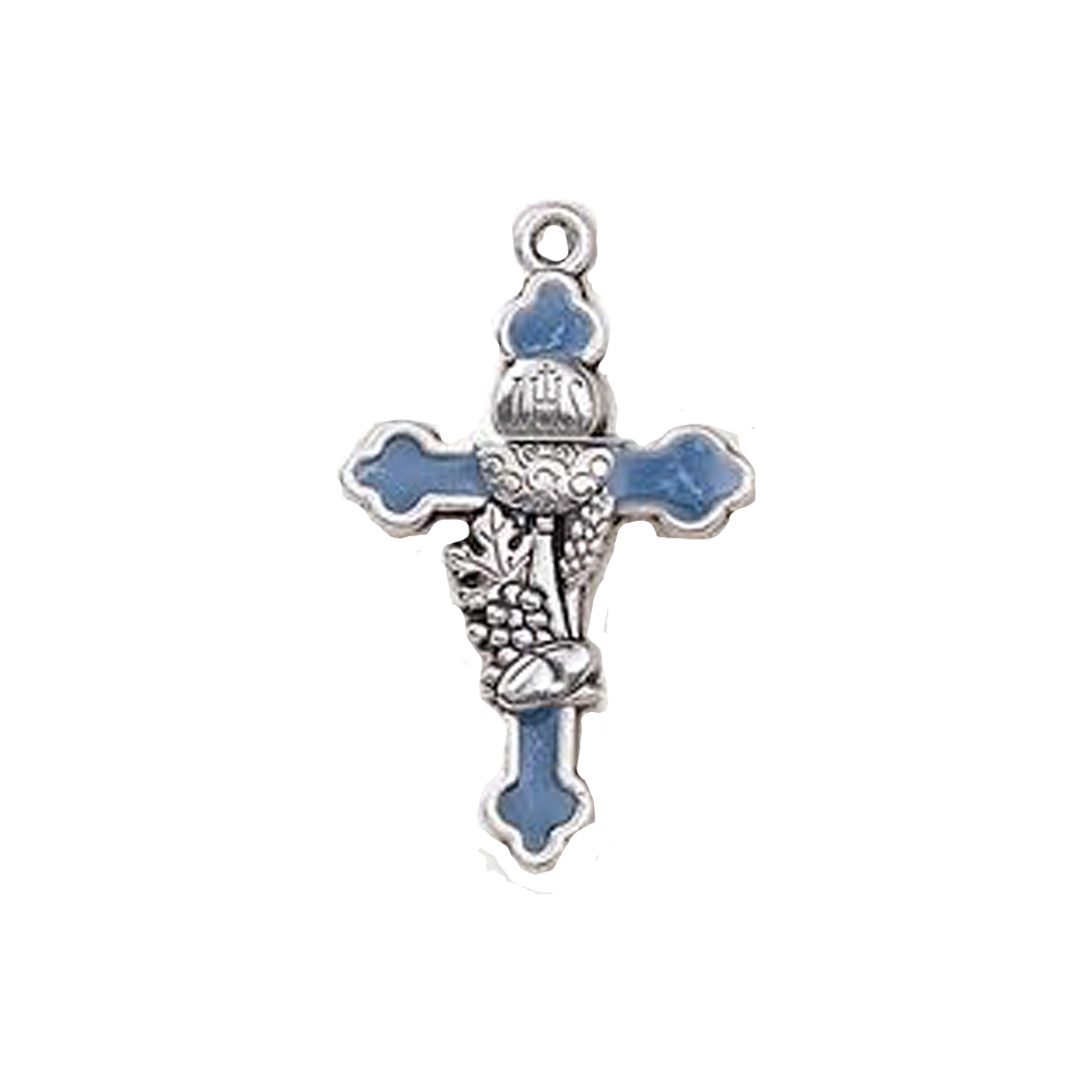 1.14" Silver Tone and Blue Enamel First Holy Communion Cross