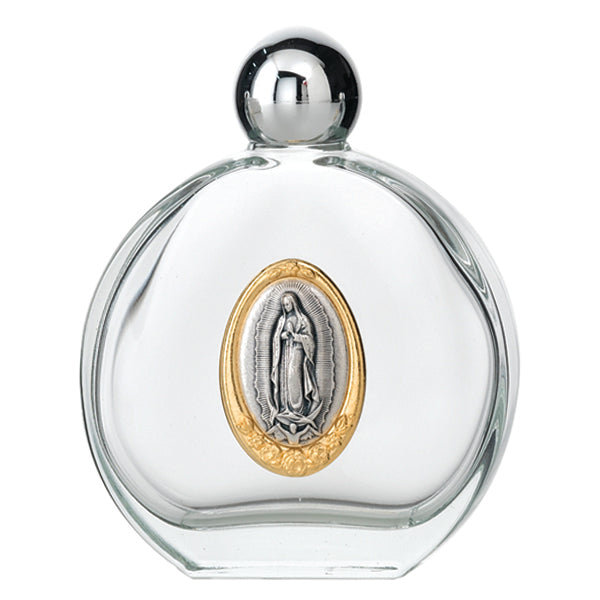 Large 4 oz Lady of Guadalupe Glass Holy Water Bottle with Two Tone Medal