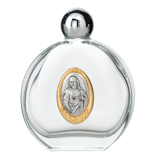 Large 4 oz Sacred Heart of Jesus Glass Holy Water Bottle with Two Tone Medal