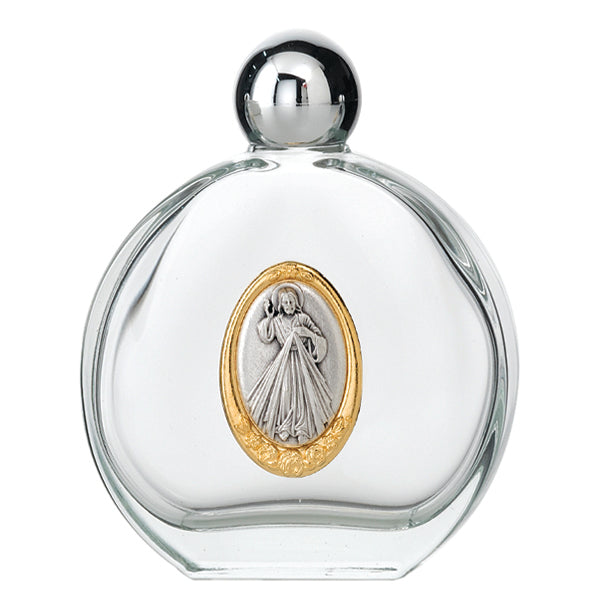 Large 4 oz Divine Mercy Glass Holy Water Bottle with Two Tone Medal