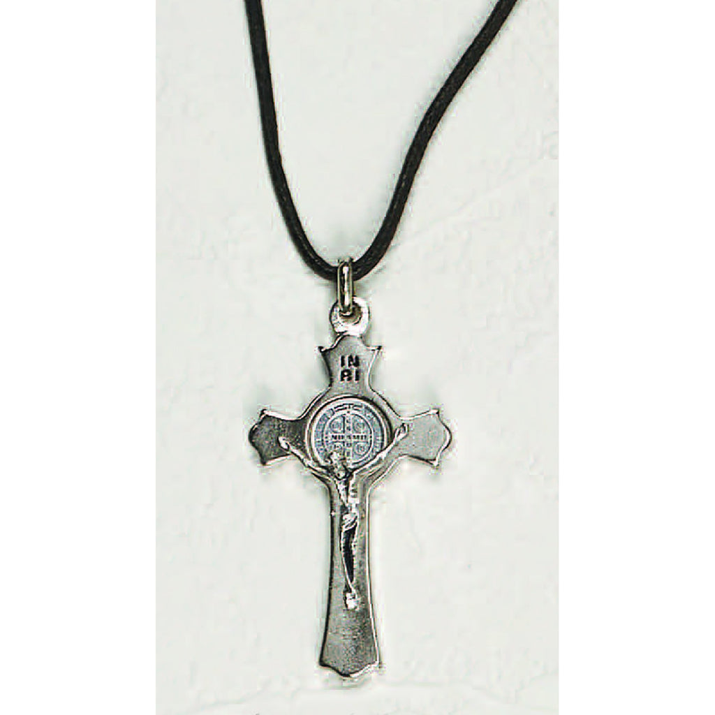 Saint Benedict Silver Tone Clover Crucifix  with Cord