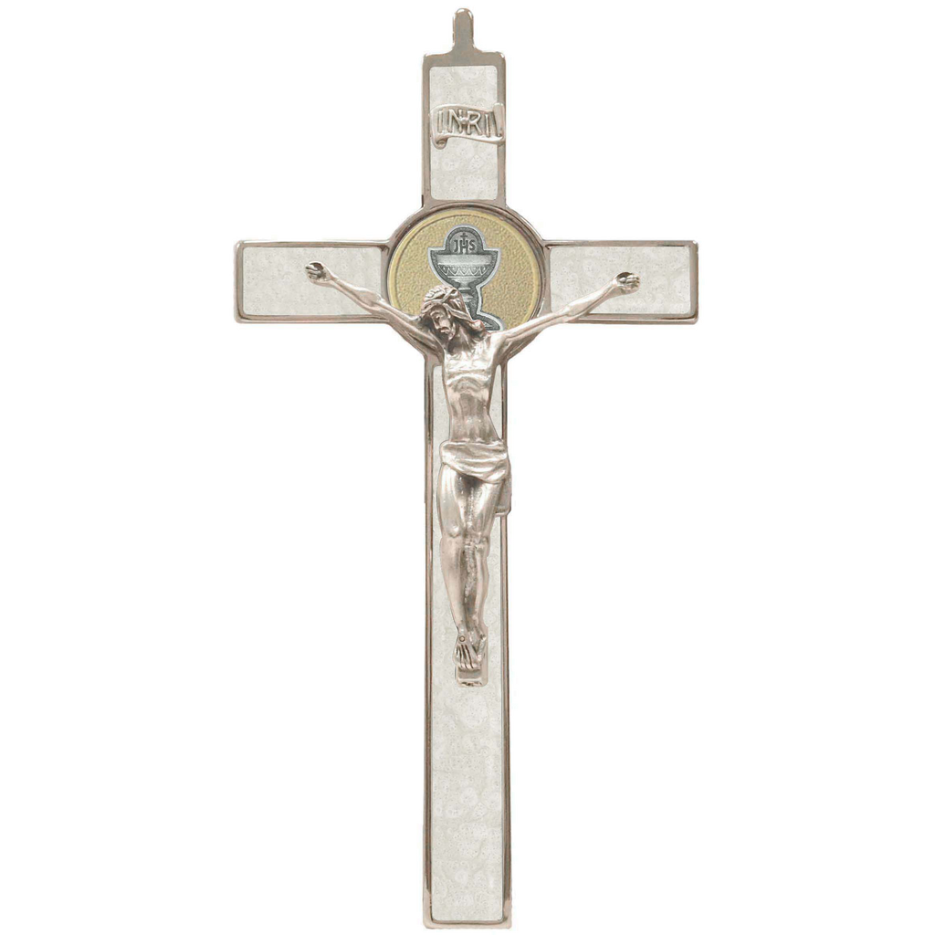 8 Inch Premium Silver Tone Imitation Mother Of Pearl First Communion Wall Cross With Corpus