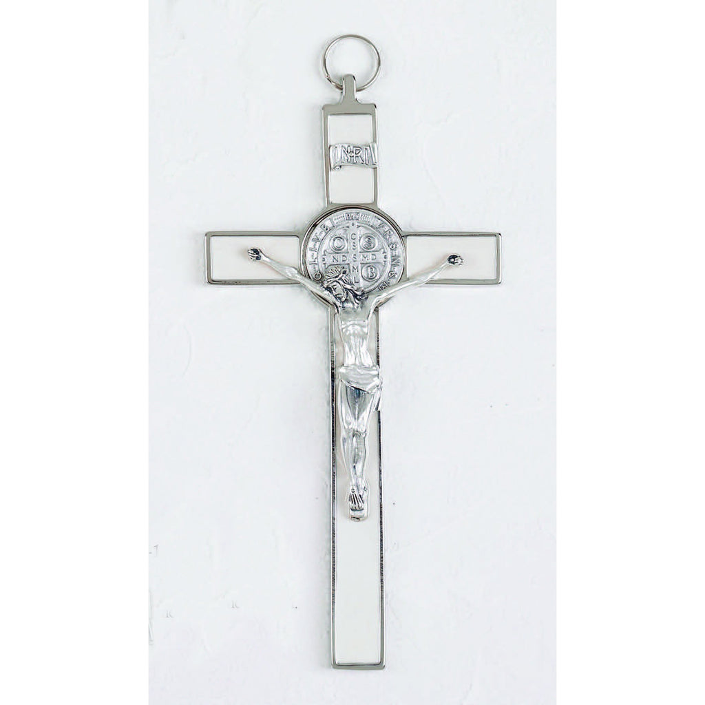 Saint Benedict White Enamel Cross - Enameled Medal