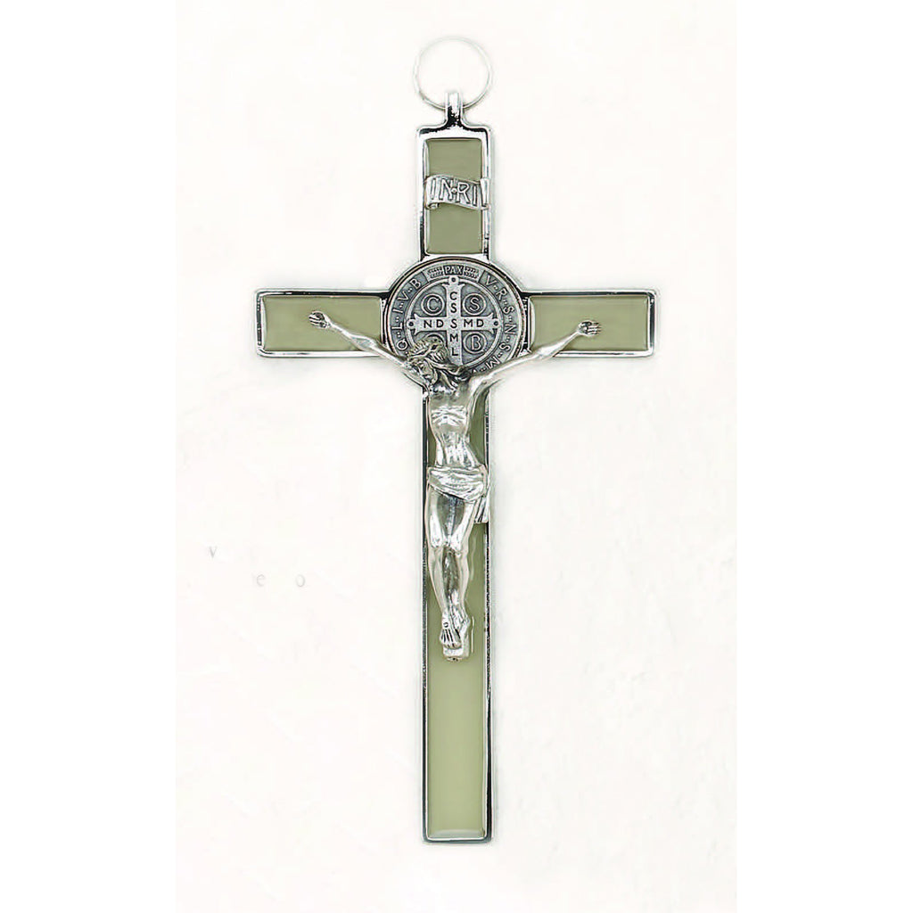 Saint Benedict Glow in the Dark Enamel Cross - Silver Tone Medal