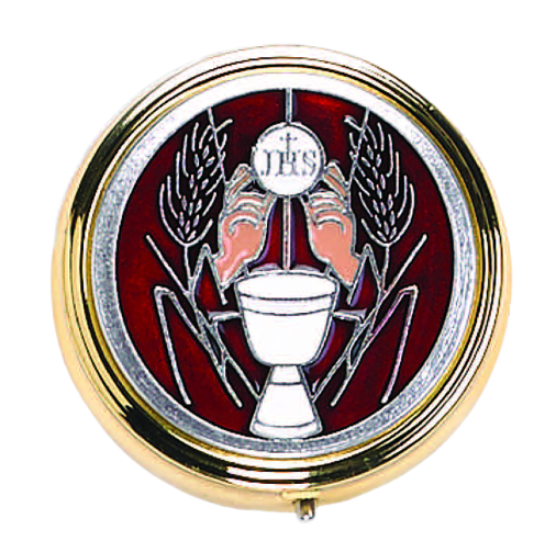 Large Silver Tone Communion Pyx with Red Enamel; Boxed
