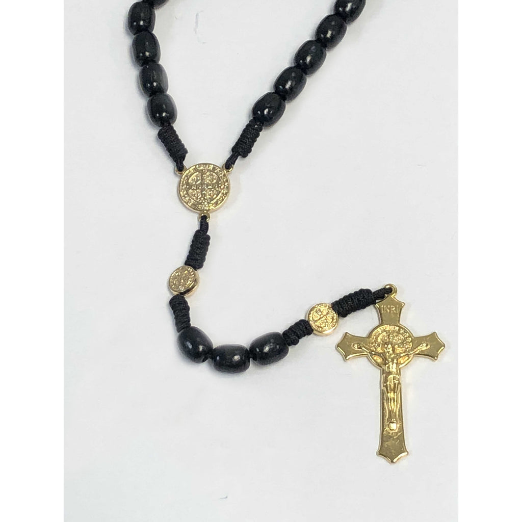 10mm Saint Benedict Black Cord Rosary - Gold Toned