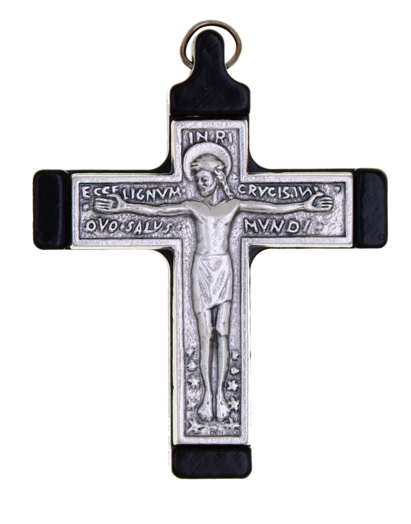 Black Olive Wood Cross with Silver-tone corpus and design, app 2 inches