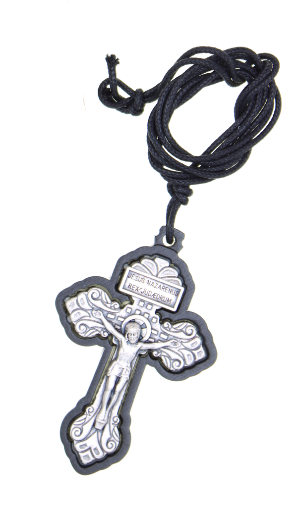 Pardon Crucifix, Black Olive Wood with engraved silver-tone, app 2 1/4 inches