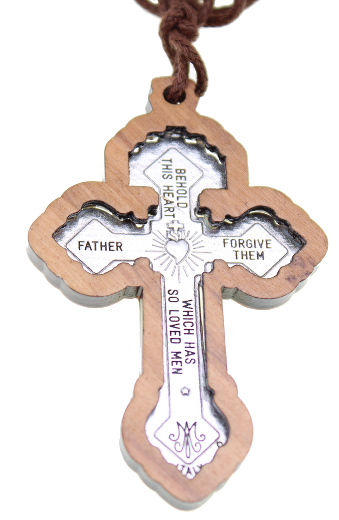 Pardon Crucifix, Light Olive Wood with engraved silver-tone, app 2 1/4 inches