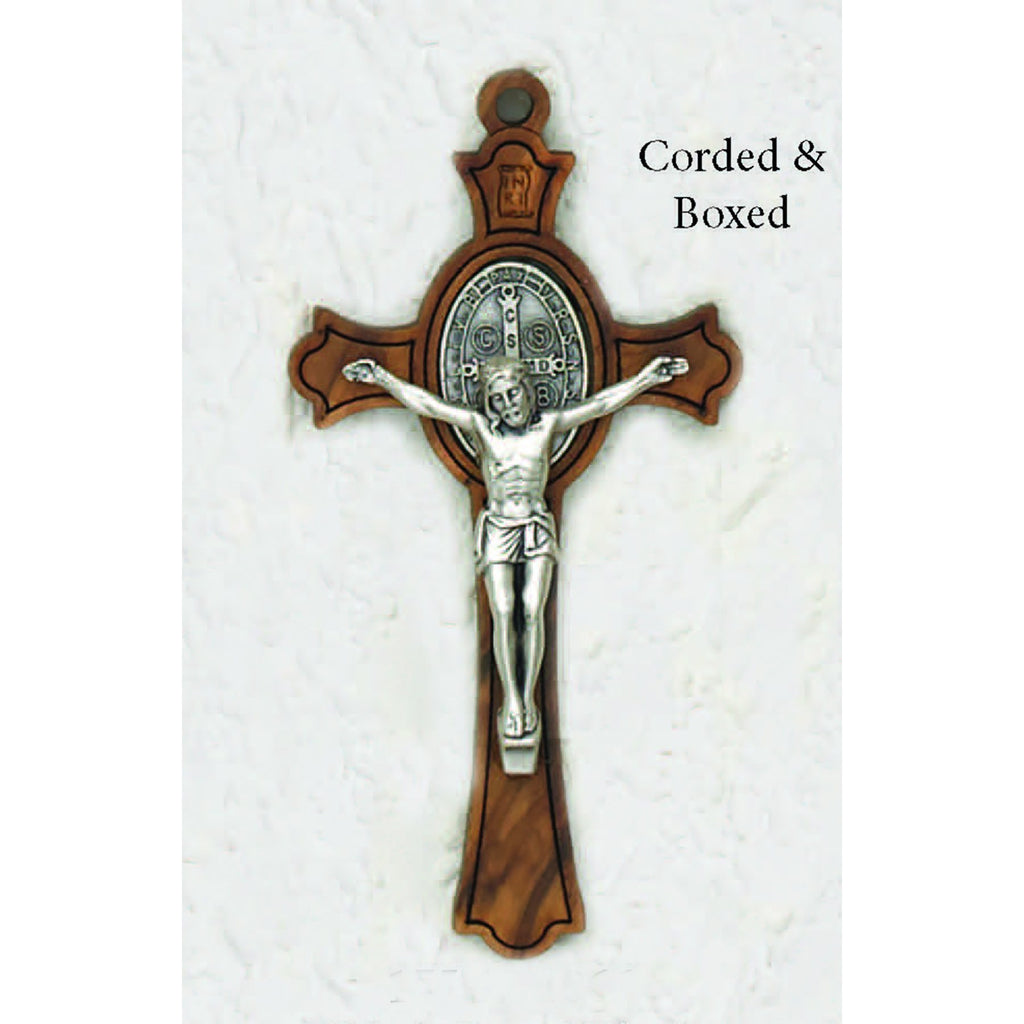 Saint Benedict Wood Cross - Silver Tone Oval Medal