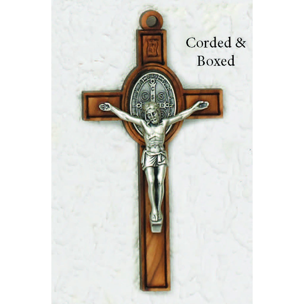 Saint Benedict Classic Wood Cross - Silver Tone Oval Medal